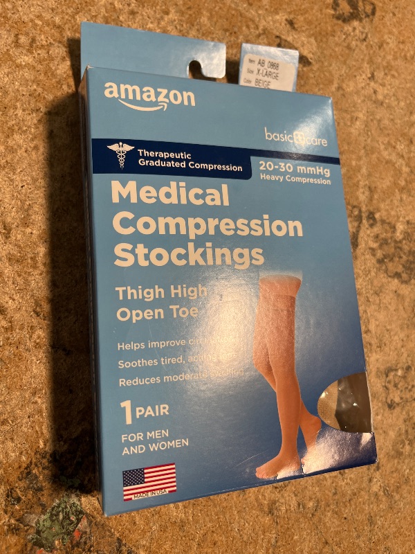 Photo 1 of Amazon Basic Care Medical Compression Stockings, 20-30 mmHg Support, Women & Men Thigh Length Hose, Open Toe, Beige, X-Large (Previously NuVein)