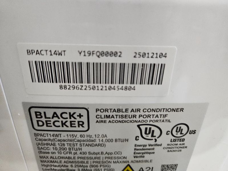 Photo 1 of ***PARTS ONLY/NOT FUNCTIONAL***

BLACK+DECKER Smart Portable Air Conditioner, 14,000 BTU for Rooms up to 700 Sq. Ft., Smart Portable AC with Follow Me Remote and Window Kit, BPACT14WT, White