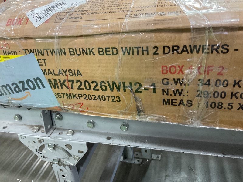 Photo 1 of *** BOX 1 OF 2**PARTIAL SET FINAL SALE***Ball & Cast Twin Over Twin Rubber Wood Bunk Bed for Kids,Convertible Twin Size Bunk Bed with 2 Drawers,Ladder and Safety Guardrails,Can Be Divided Into Two Daybeds,No Box Spring Required,White