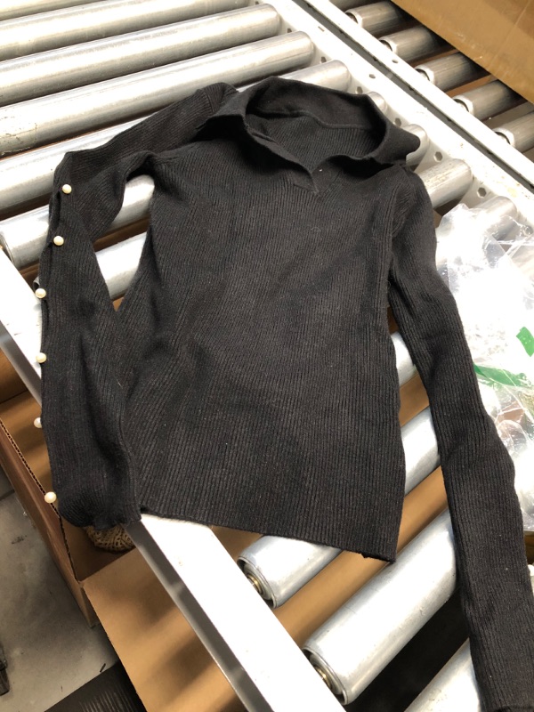 Photo 1 of (MEDIUM) (BAGGED) Verdusa Women's Pearl Sweaters Split Long Sleeve Collar V Neck Fitted Pullovers Black Medium