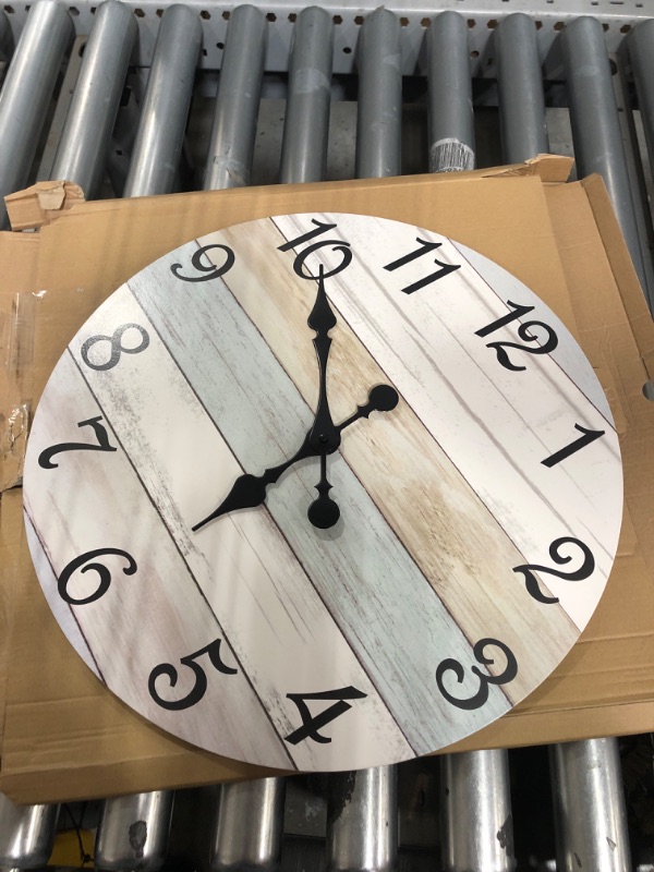 Photo 1 of (MISSING BATTERY) (UNTESTED) CHYLIN Wall Clock - 18 Inch Silent Non Ticking Wall Clocks Battery Operated, Wooden Rustic Farmhouse Larger Clock Decorative for Living Room, Kitchen (Blue White Brown)