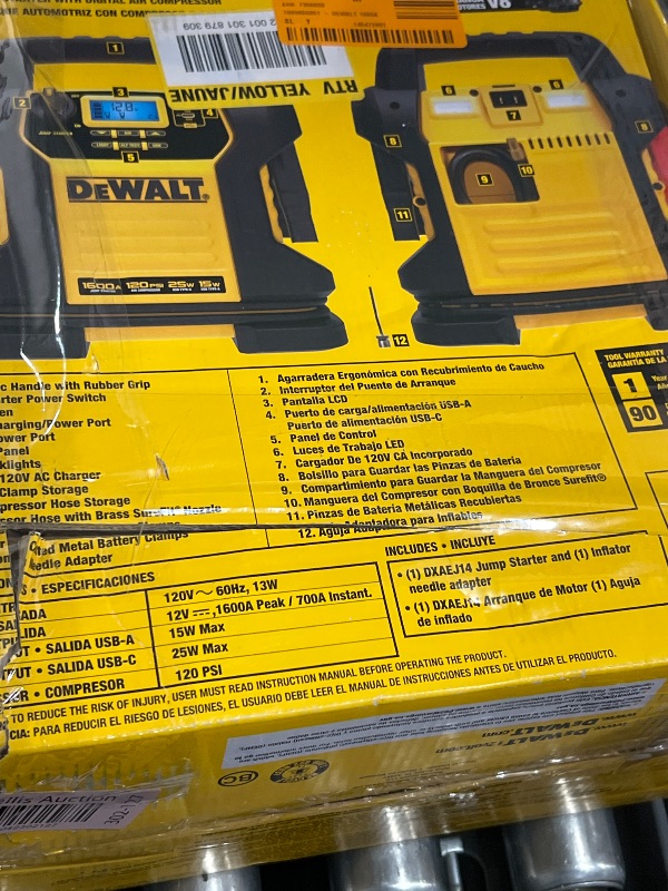 Photo 1 of ****PARTS ONLY ****DEWALT DXAEJ14-Type2 Digital Portable Power Station Jump Starter - 1600 Peak Amps with 120 PSI Compressor, AC Charging Cube, 15W USB-A and 25W USB-C Power for Electronic Devices