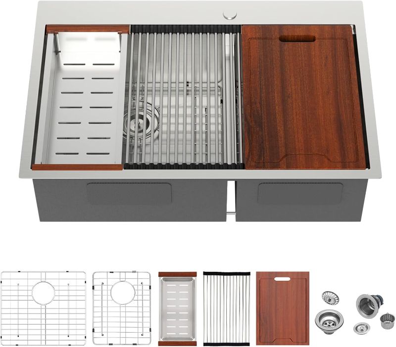 Photo 1 of ***PART SONLY****33 Inch Double Bowl Kitchen Sink Undermount Workstation-iAnomla 33x19 Under Mount Kitchen Sink Black Stainless Steel 16 Gauge 60/40 Low Divided Double Bowl Sinks with Cutting Board