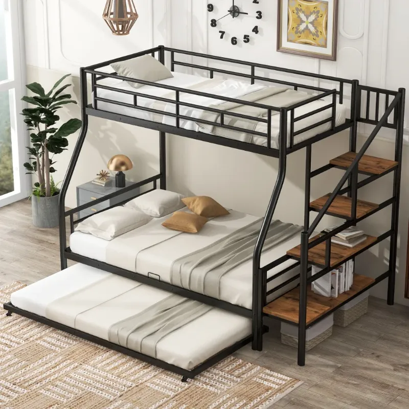 Photo 1 of ***PARTS ONLY***Twin Size Bunk Bed with A Full-Length Guardrail, 3 In 1 Bunk Bed with Trundle, Stylish Metal Frame Bed with Lateral Storage Stairs , Black