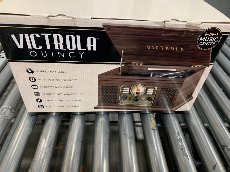 Photo 1 of ** Did not power on ** Victrola The Quincy 6-in-1 Bluetooth Record Player & Multimedia Center with Built-in Speakers – 3-Speed Turntable, CD & Cassette Player, AM/FM Radio, Wireless Music Streaming (Espresso)
