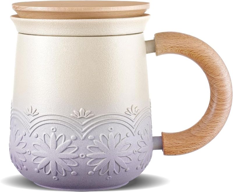 Photo 1 of 
ZENS Tea Mug with Infuser and Lid for Loose Leaf Tea Steeper, 11 oz Embossed Ceramic Tea Cup with Strainers for Tea Steeper, Wood Handle Gradient Tea Cup