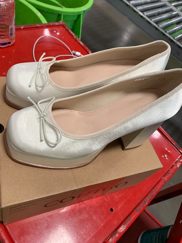 Photo 1 of ***missing parts*** Coutgo Womens Lace up Heels Platform Chunky High Heel Pumps Bow Closed Square Toe Party Ballet Dress Shoes, Beige, Size 7