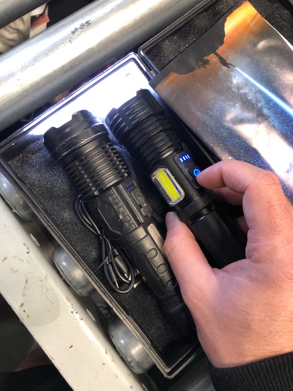 Photo 1 of (SIGNS OF USE) (POWER TESTED) Flashlights LED High Lumens Rechargeable, 990,000 Lumen Super Bright Flashlight, USB Fast Charging High Powered Flash Light, Powerful IPX7 Waterproof Handheld Flashlights for Home,Camping(2 Pack)