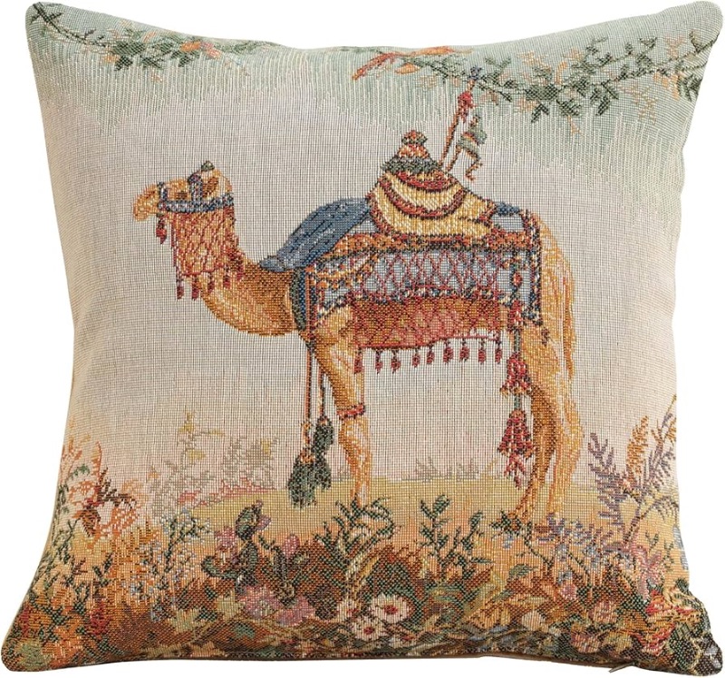 Photo 1 of Charlotte Home Furnishings Decorative Tapestry Pillow Cover 14x14 in, Camel Small Throw Pillow Cover for Bed, French Country Square Cushion Cases for Living Room Home Decor, Soft Cotton Jacquard Woven