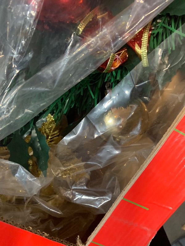 Photo 1 of 6ft Pre- Pop Up Christmas Tree, Pre-Decorated Artificial Xmas Tree with 200 LED Lights, Include 24 Golden&Red Balls, 15 Golden&Red Flowers, 18 Bowknots,3 Golden&Red Glitter Ribbons and Tree Skirt