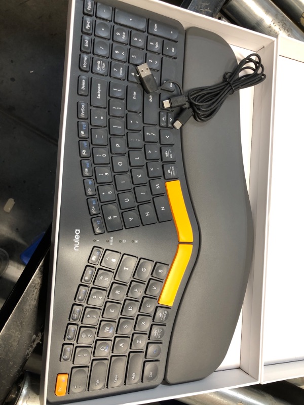 Photo 1 of ***MISSING DONGLE*** Nulea RT05B Wireless Ergonomic Keyboard, Split Keyboard with Cushioned Wrist Rest, Bluetooth and USB Connectivity, USB-C Rechargeable, Compatible with Windows Mac Grey Orange