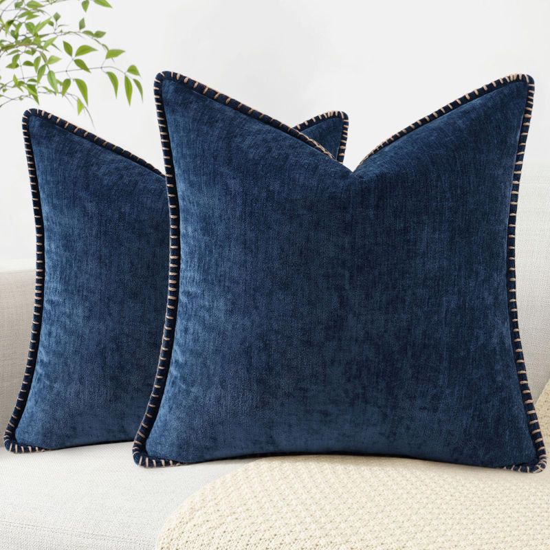 Photo 1 of ** TWO PACK ** decorUhome Chenille Soft Throw Pillow Covers 20x20 Set of 2, Farmhouse Velvet Decorative Pillow Covers with Stitched Edge for Couch Sofa Bed, Poseidon