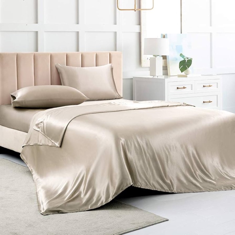 Photo 1 of  Bed Sheets Full Size Sheet Sets, Taupe Silk Sheets, 4 - Pieces Soft Bedding Set with 1 Deep Pocket Fitted Sheet,1 Flat Sheet,2 Pillowcase 