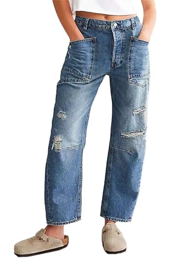 Photo 1 of *USED Broken belt loops*Women Ripped Barrel Jeans Wide Leg Xl