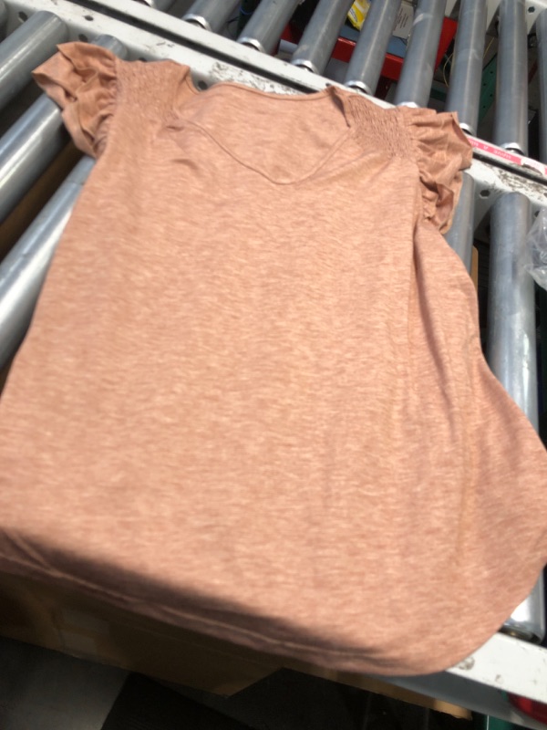 Photo 1 of (used) AlvaQ Summer Tops for Women 2025 Trendy Clothes Casual Spring Basic Flowy Ruffle Short Sleeve Smocked Tshirts Khaki Medium