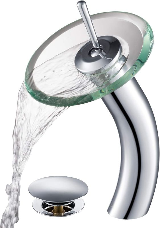 Photo 1 of ***PARTS ONLY***KRAUS Tall Waterfall Bathroom Faucet for Vessel Sink with Clear Glass Disk and Pop-Up Drain, Chrome KGW-1700-PU-10CH-CL