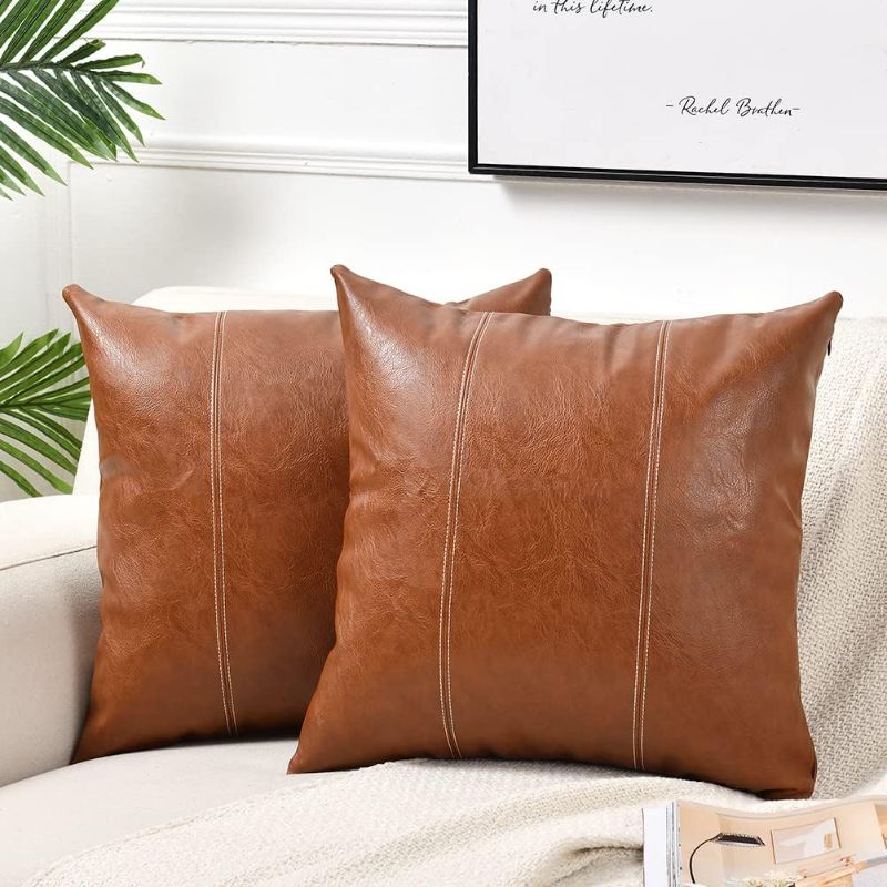 Photo 1 of (FAIR) Fancy Homi 2 Packs Brown Boho Lumbar Faux Leather Decorative Throw Pillow Covers 12x20 Inch for Living Room Couch Bed Sofa, Hand Stitched Rectangle Cushion Case, Rustic Modern Farmhouse Home Decor