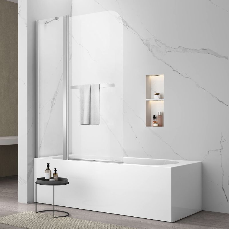 Photo 1 of *** FACTORY SEALED | TRUCK/TRAILOR PICK-UP ONLY***Sunrosa Pivot Tub Shower Door 43-3/8"58", Bifold Bathtub Door With Tempered Glass, Frameless Design With Towel Bar, Chrome Finish