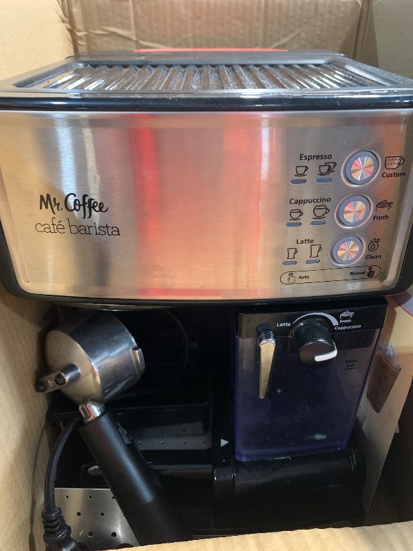 Photo 1 of (used)(see all images) Mr. Coffee Espresso and Cappuccino Machine Stainless Steel Programmable Coffee Maker with Automatic Milk Frother 