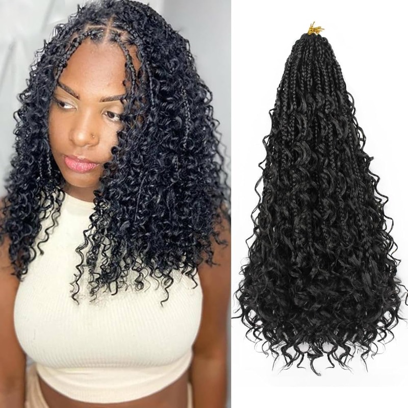 Photo 1 of Boho Box Braids Crochet Hair 14 Inch Goddess Box Braids Crochet Hair With Curly Ends Synthetic Bohemian Braids Hair Extension For Women (14inch,1b)