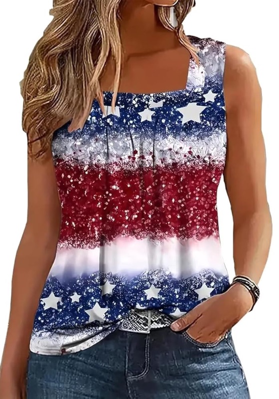 Photo 1 of (MEDIUM) (BAGGED) AIMITAG Color Block Ruffled Square Collar Tank Top Women Striped Tank Tee Summer Casual Loose Fit Sleeveless Shirt  MED