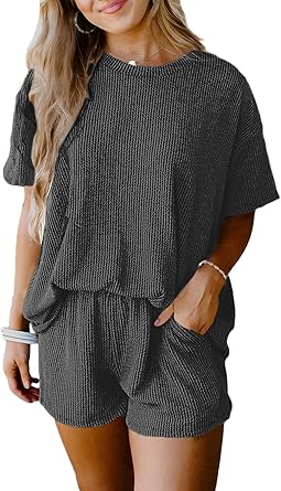 Photo 1 of  Two 2 Piece Sets for Women Short Sleeve Shirts High Waisted Shorts with Pockets Pajamas Lounge Matching Set GREEN SMALL