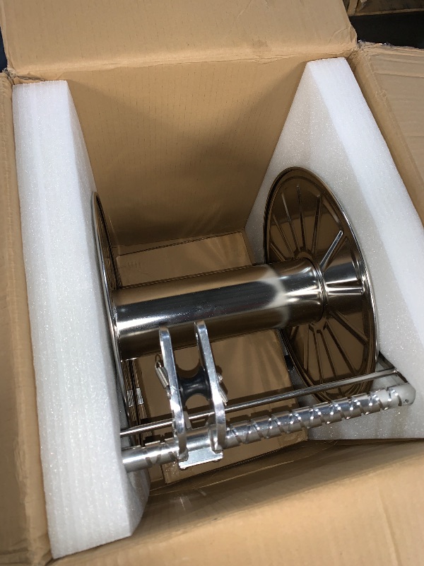 Photo 1 of M METERXITY Stainless Steel Garden Hose Reel, Wall Mount Water Hose Holder, 150 Feet of 1/2 Inch Hoses Capacity, Hose Reels for Outside with 5 ft Inlet Hose and Crank