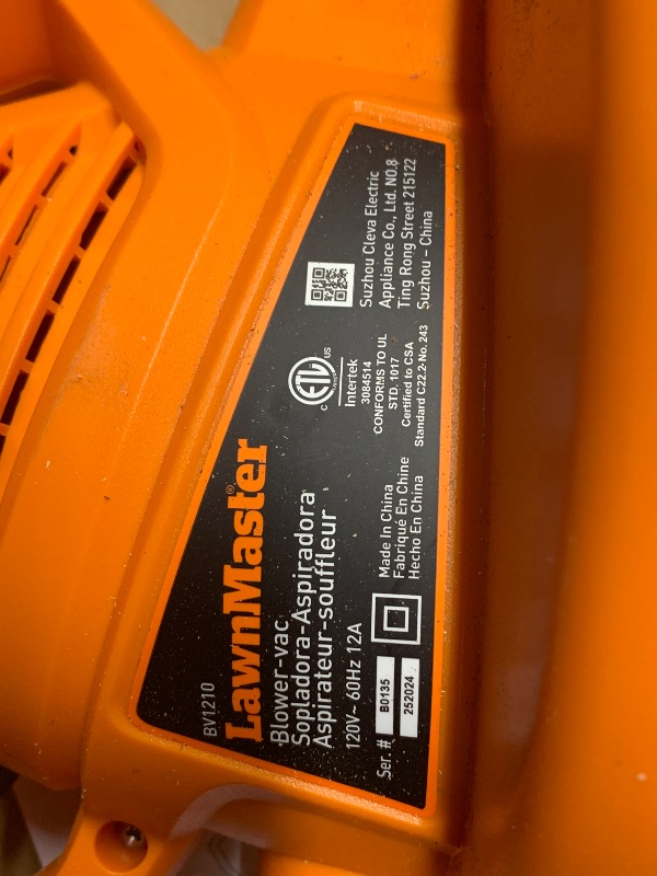 Photo 1 of ***PARTS ONLY ITEM*** LawnMaster BV1210 Electric Blower Vacuum Mulcher 12 Amp 2-Speed Adjustment with Metal Impeller 240 MPH 380 CFM 16:1 Mulch Ratio with Collection Bag