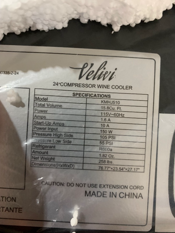 Photo 1 of **TRUCK OR TRAILER PICKUP ONLY**(READ NOTES)
Velivi Upgraded 24 Inch Wine Cooler Refrigerator, 190 Bottles Wine Fridge with Professional Temperature Control System, Freestanding or Built-in installation, Quiet Operation