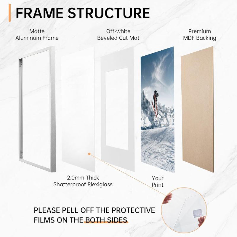 Photo 1 of 16x24 Metal Picture Frame, Thin Aluminum 16 x 24 Photo Frame with 12x18 Mat, Cross-Hatch Brushed Design, High Definition Plexiglass, Vertical and Horizontal Display, Wall Hook Hanging Hardware Included, Silver
