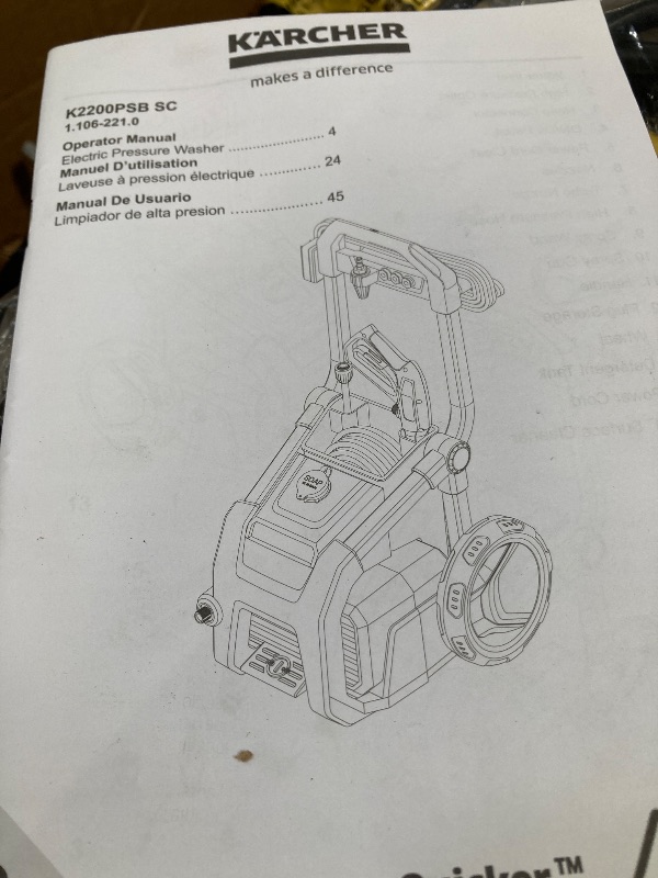 Photo 1 of   ***(HEAVILY USED CONDITIONGRASS,DUST/DIRT RESIDUE, HEAVILY USED CONDITION, SOME SCUFFS/SCRATCHES, BOX RIPPED/TORN)*** 

K2200PSB 2200 PSI 1.2 GPM CETA Certified Electric Power Pressure Washer with Surface Cleaner + Turbo, 15°, 40°, & Soap Nozzles  ***(H