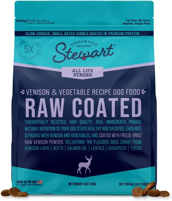 Photo 1 of **BB 9/7/25**Stewart Raw Coated Dog Food, Venison & Vegetable Recipe, 4 Pound Bag, Freeze Dried Venison Powder Coating