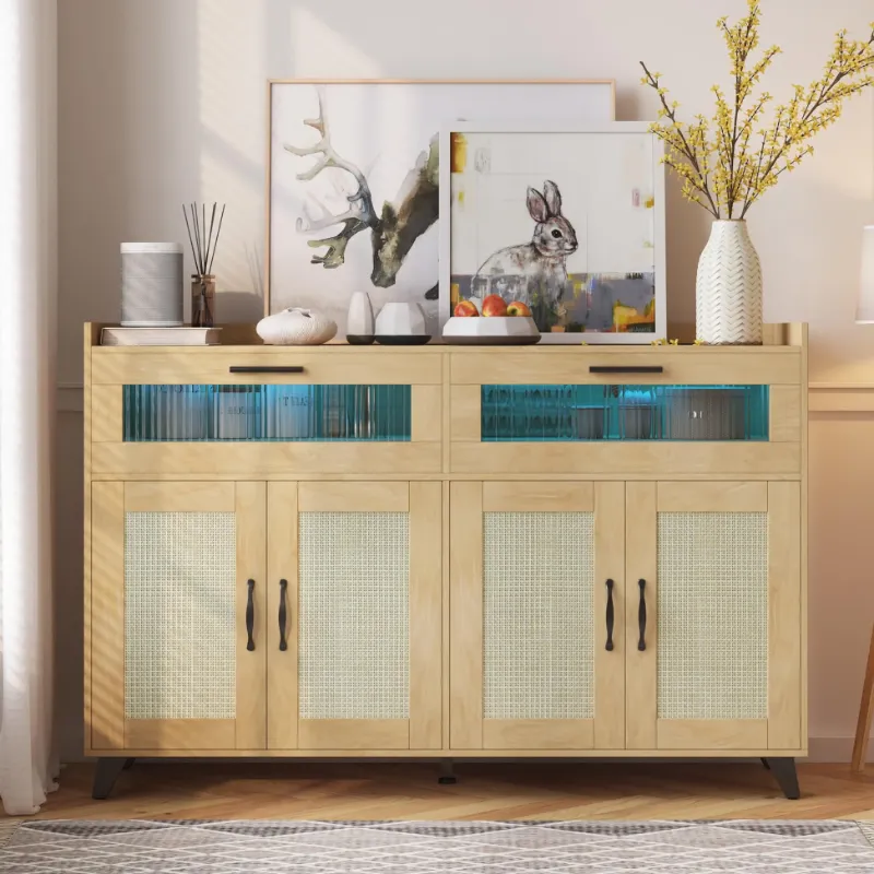Photo 1 of  Sideboard Buffet Cabinet With Power Outlet & LED Light, Kitchen Storage Cabinet With 2 Fluted Acrylic Drawers & 4 Rattan Doors, Coffee Bar Cabinet Wood Buffet Table for Kitchen, Dining Room 