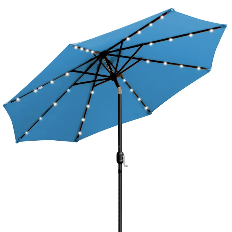 Photo 1 of **UMBRELLA IS OFF**SunRay 9 FT 32 LED Patio Solar Umbrella w/ Push Button Tilt and Crank Outdoor Umbrella Teal