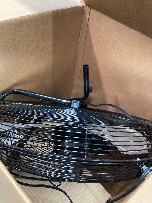 Photo 1 of **MAKES NOISE WHEN SHUTS OFF/MISSING SIDE KNOBS FOR STAND**Amazon Basics 20" High Velocity Industrial Fan, Floor Fan, with 3 Speeds, Tilt Head, ETL-Listed Safety Compliance, Metal Housing/Blades, Ideal for Industrial/Commercial Space/Garage/Gym, 125W, Bla