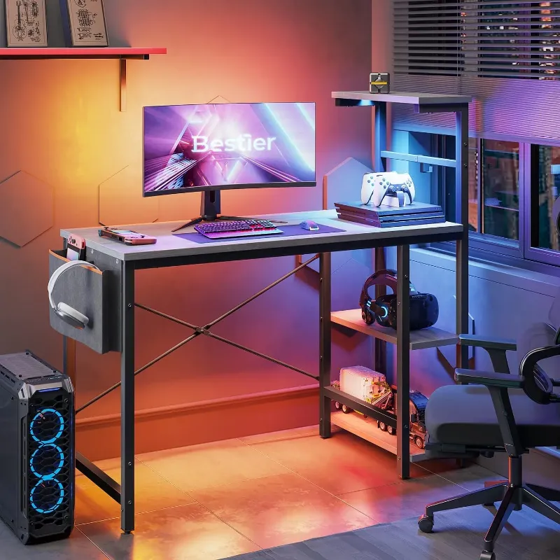 Photo 1 of 
Hero image 2 of Bestier Reversible 44 inch Computer Desk with LED Lights Gaming Desk with 4 Tier Shelves Grey, 2 of 10


View in 3D




Reviewers highlighted: putting, sturdiness, size
Best seller
Visit the Bestier Store
Bestier Reversible 44 inch Comput