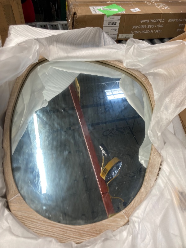 Photo 1 of Asymmetrical White Wood Frame Mirror, 39 x 45 Inch Handcrafted Irregular Wall Mounted Mirror, Cerused White Hanging Home Decor, Unique Design Teak Wood Wall Decor for Dresser, Bathroom, Bedroom