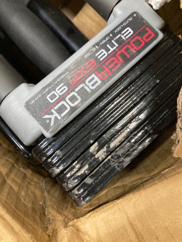 Photo 1 of ***ONLY ONE- SELLING AS IS -MISSING PARTS***PowerBlock Elite USA 90 Pound Adjustable Dumbbells,  5-90 lb. Dumbbells, Durable Build, Innovative At Home Workout Equipment, Includes Stage 1, 2 & 3 Expansions Gray, ***(USED, SOME SCUFFS/SCRATCHES, PAINT CHIPS