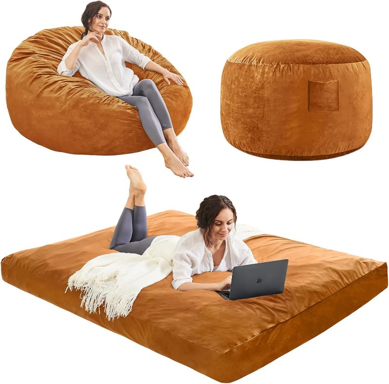 Photo 1 of **ONLY THE SMALL ROUND CHAIR/BED AND LARGE CHAIR MISSING**Bean Bag Chairs for Adults - Giant Bean Bag Chair Convertible Bean Bag Bed - Beanbag Chair with Micro Fiber Cover/Furniture Foam Filler - Floor Couch Sofa in Bedroom Dorm Room - Full Golden Brown