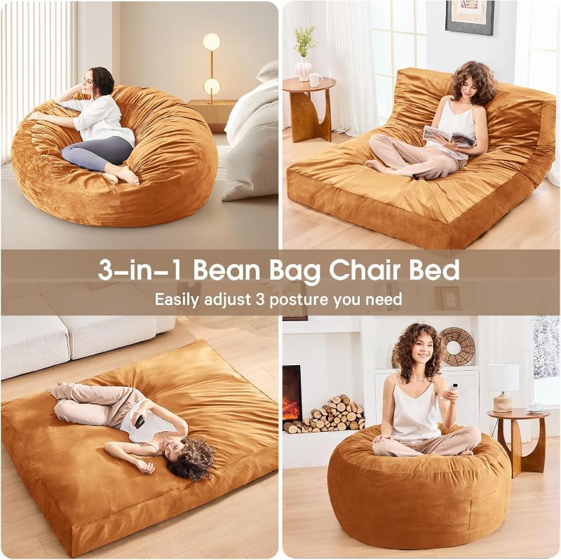 Photo 1 of **ONLY THE SMALL ROUND CHAIR/BED AND LARGE CHAIR MISSING**Bean Bag Chairs for Adults - Giant Bean Bag Chair Convertible Bean Bag Bed - Beanbag Chair with Micro Fiber Cover/Furniture Foam Filler - Floor Couch Sofa in Bedroom Dorm Room - Full Golden Brown