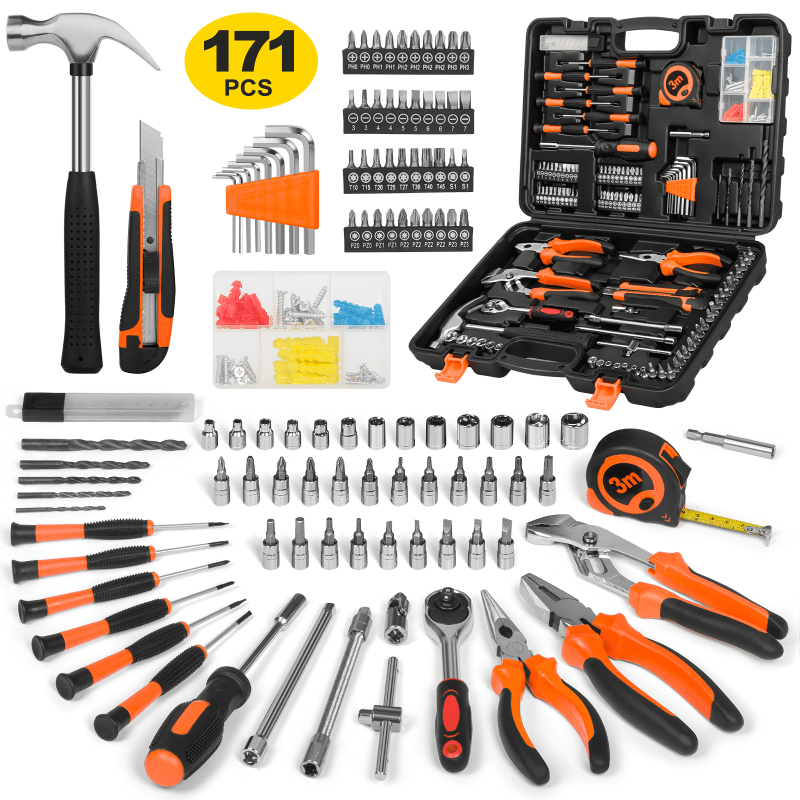 Photo 1 of 171 Piece Household Tool Kit/Mechanics Tool Set, Socket Wrench Auto Repair Tool Combination Package 1/4" Ratchet Wrench, Mixed Hand Mechanics Tools Kit Socket Set with Plastic Toolbox Storage Case
