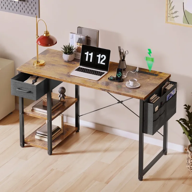Photo 1 of 0 inch Computer Desk with Storage Drawer & Power Outlets, Study Writing Desk with Storage Shelves for Small Space, Modern Simple Style Laptop Desk for Bedroom, Gaming, 