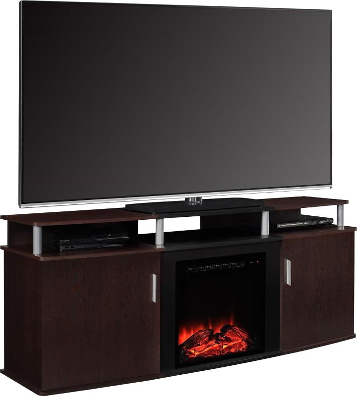 Photo 1 of ****The model may vary****
Ameriwood Home Carson Fireplace TV Stand for TVs up to 70 Inch, Replaceable Electric Fireplace Insert Heater, Realistic Log and Flame Effect, for Living Room or Bedroom, Cherry
