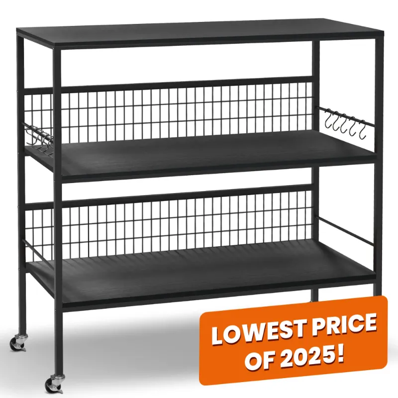 Photo 1 of 0" Rolling Kitchen Cart Island with Wheels and Storage Shelves, Copedvic 3-Tier Kitchen Bakers Rack Microwave Cart Oven Stand with 10 Hooks, Black