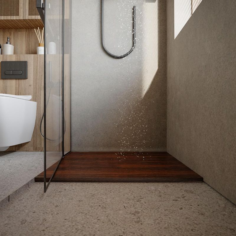Photo 1 of 
Bare Decor Fuji String Spa Shower Mat in Solid Teak Wood Oiled Finish, 30" Square Mat, Brown