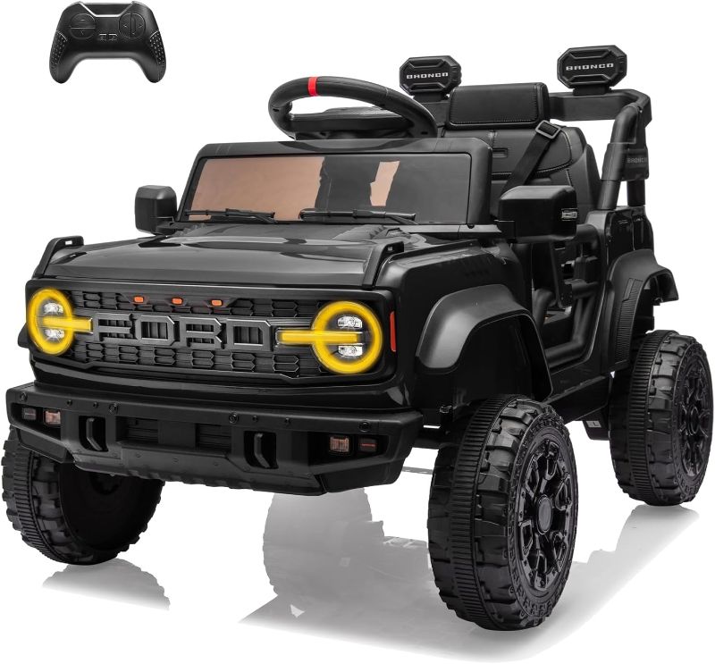 Photo 1 of 12V Ride on Toys for Kids, Licensed Ford Bronco Raptor Children Electric Vehicles, Toddler Battery Powered Car with Double Doors, 3 Point Safety Belt, Led Lights (12V, Black)
