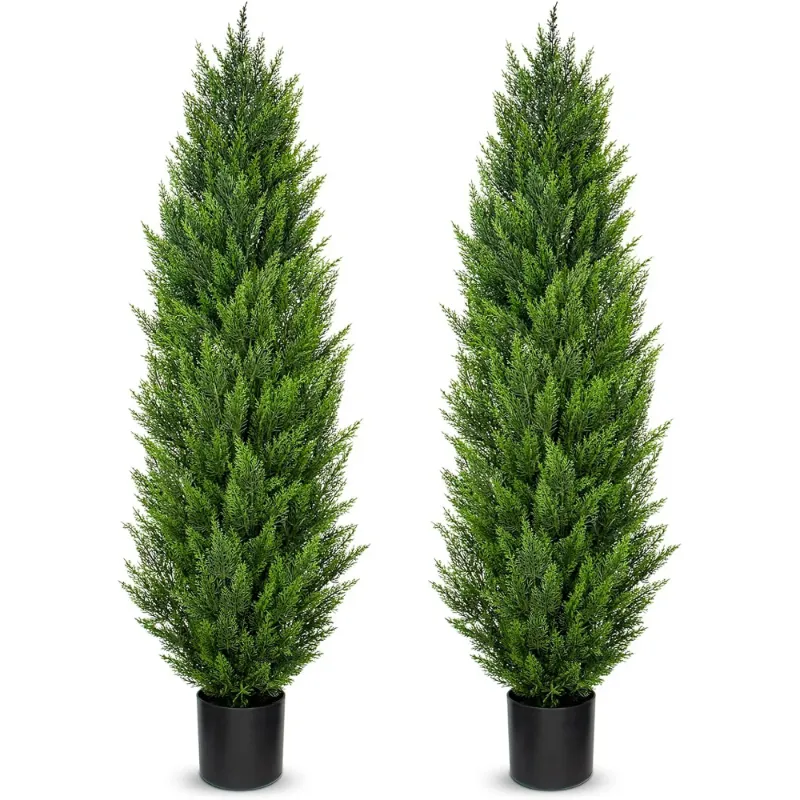 Photo 1 of 2 pcs Cedar Tree Artificial 5ft Potted Topiary Trees Artificial Outdoor Realistic Plants UV Resistant Fake Shrubs Cypress Trees Pot Porch Home Decor Housewarming Gift