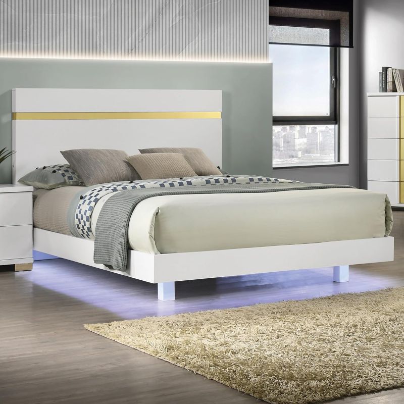 Photo 1 of  ***(PARTS ONLY -INCOMPLETE SET PARTS MISSING - QUEEN SIZE RAILS ONLY)*** 2 OF 2 
Furniture of America Ansten Modern Contemporary Solid Wood Queen Platform Bed with Underbed LED, Acrylic Trim, Mattress Ready for Bedroom, Guest Room, White and Gold