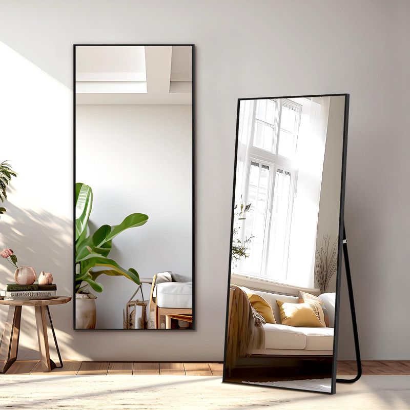 Photo 1 of  Full Length Mirror with Stand, 56"x19" Aluminum Alloy Frame Floor Mirror, Black, Shatter-Proof Glass - Free Standing, Leaning Against Wall or Wall-Mounted, for Bedroom Living Room Dressing Room
