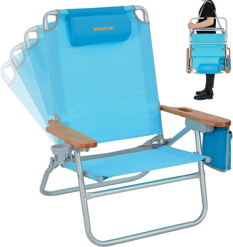 Photo 1 of #WEJOY Low Beach Chair for Adults, Lightweight Folding Reclining 4 Positions Camping Chairs with Carry Strap Cup Holder Wooden Armrest for Festival Picnic,Heavy Duty Support 300Lbs (#RWF 1 Pack Blue)

